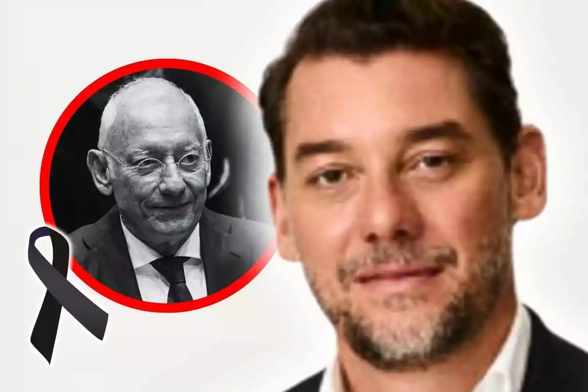 Montaje de fotos de Jonathan Andic en primer plano mientras que en un círculo rojo al fondo se muestra a un hombre mayor con gafas y traje -que es su padre, Isak Andic-, acompañado de un lazo negro.