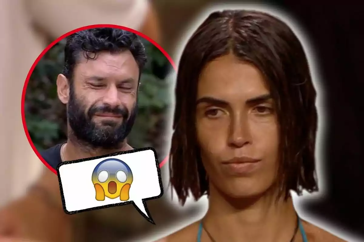 Sofia Suescun amb expressió seriosa en primer pla i Jorge Pérez amb barba en un cercle vermell amb una expressió de sorpresa i un emoji de cara sorpresa.