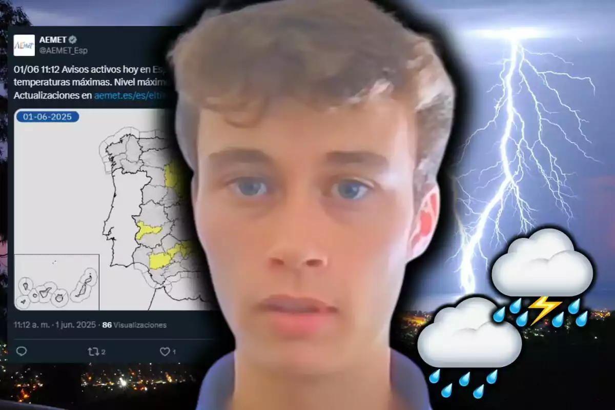 Muntatge de fotos de Jorge Rey amb expressió seriosa en primer pla sobre un fons de tempesta elèctrica, un mapa meteorològic i dos icones de núvols amb pluja i llamps.
