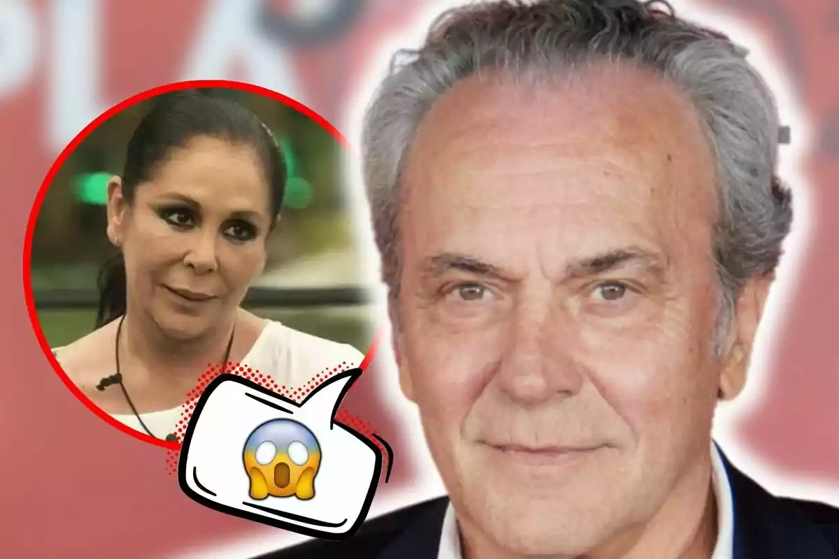 Muntatge de fotos de primer pla de José Coronado i Isabel Pantoja, tots dos amb rostre seriós i un emoji de sorpresa al costat.