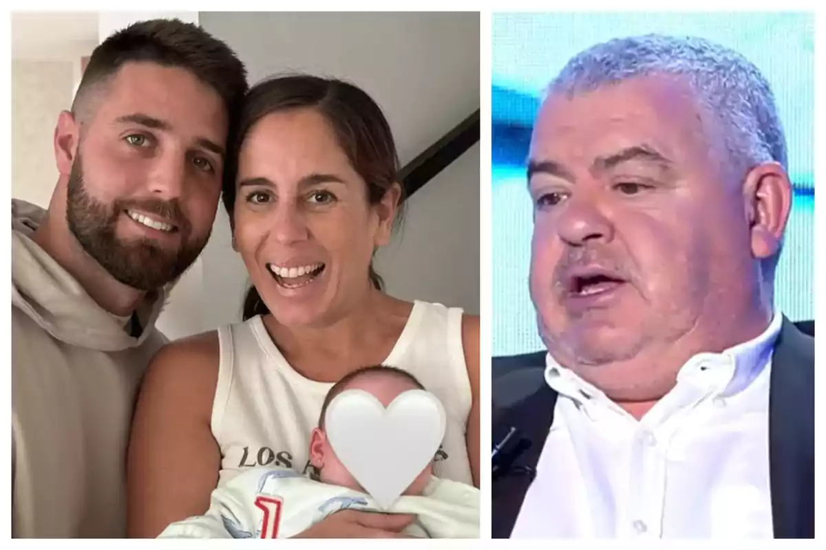 Una parella somrient -que són Anabel Pantoja i David Rodríguez- amb un nadó el rostre del qual està cobert per un cor blanc, al costat d'un home de cabell canós en un entorn televisiu.