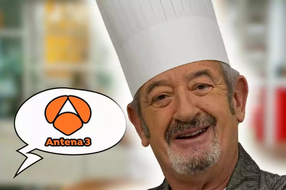 Karlos Arguiñano amb gorra de xef somriu mentre apareix un globus de diàleg amb el logotip d'Antena 3.