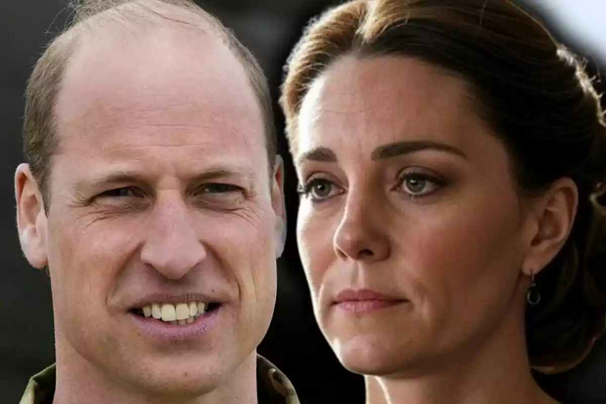 Muntatge de fotos de primer pla del príncep Guillem somrient i Kate Middleton trista.