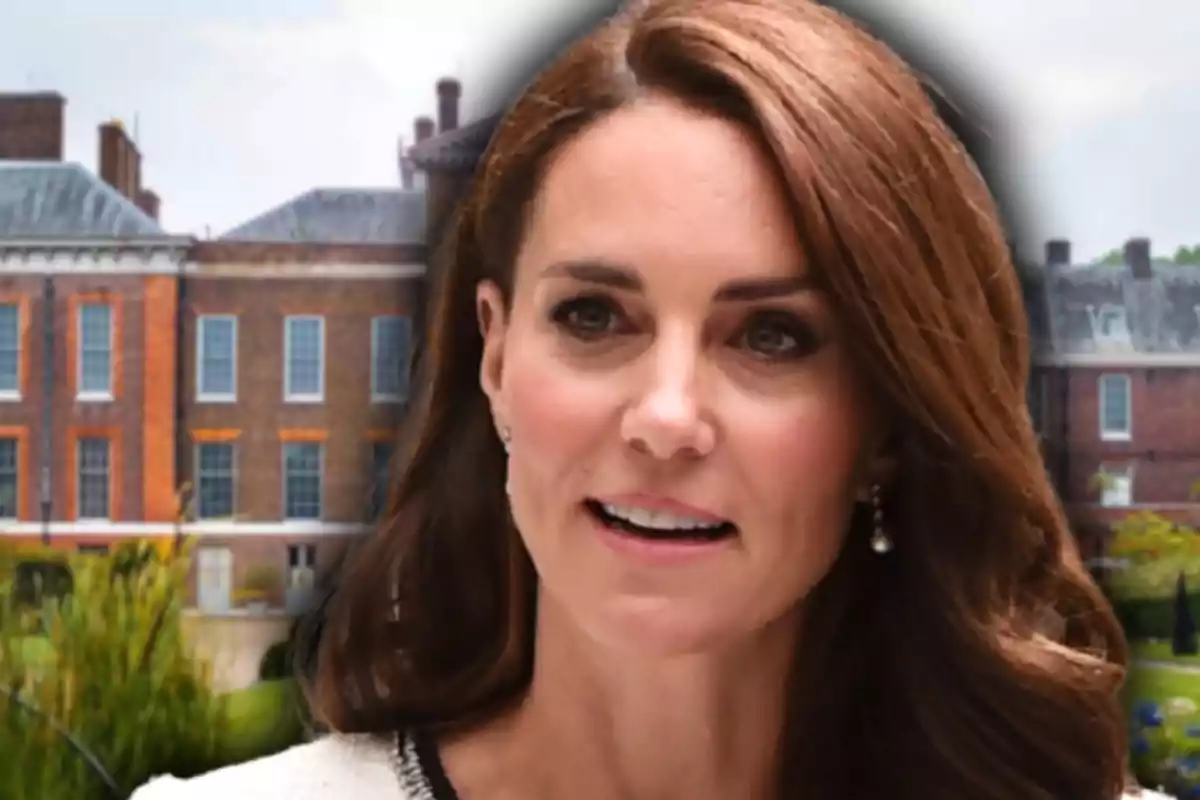 Muntatge de fotos de Kate Middleton amb cabell castany i arracades està davant d'una imatge de Kensington Palace.