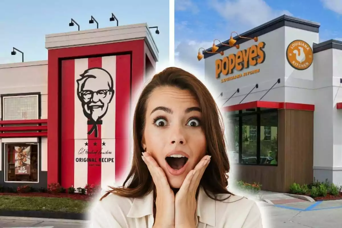 Una dona amb expressió de sorpresa és al centre d'una imatge que mostra dos restaurants de menjar ràpid, un a cada costat, un és KFC i l'altre Popeyes.