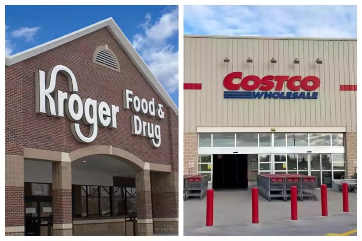 Storefronts of a Kroger and a Costco with clear skies in the background.