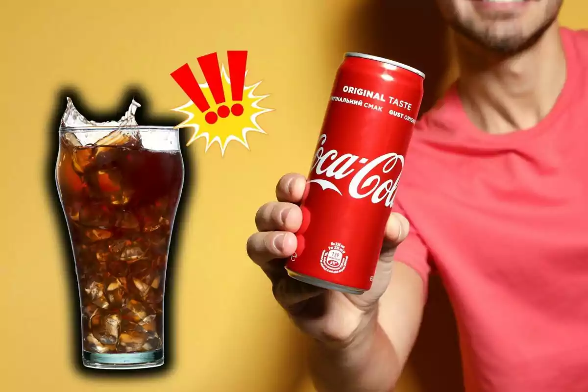 Una persona sosté una llauna de refresc vermella mentre un got ple de beguda amb gel és al costat amb un fons groc i un gràfic d'exclamació. Una persona sosté una llauna de refresc vermella mentre un got ple de beguda amb gel és al costat amb un fons groc i un gràfic d'exclamació.