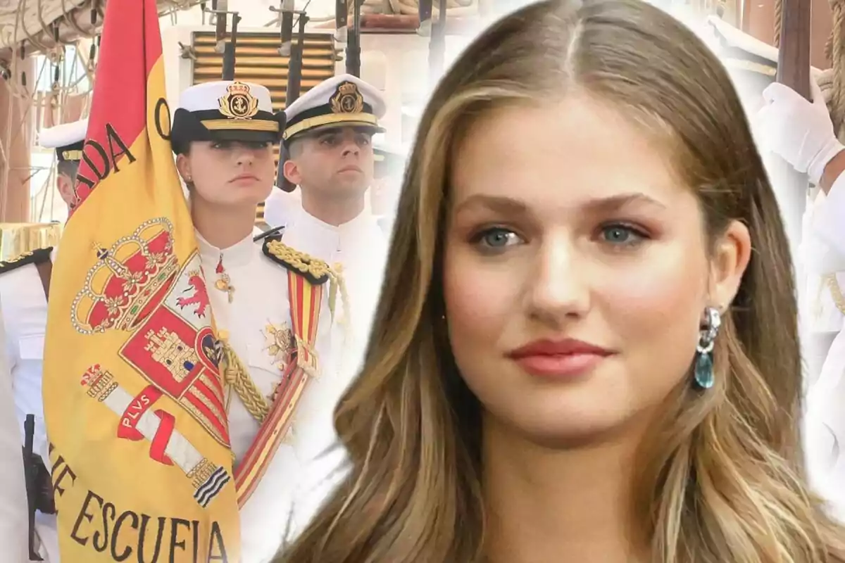 Muntatge de fotos de Leonor de Borbó amb uniforme naval i una bandera espanyola al fons, al costat d'una altra imatge d'ella amb rostre seriós en primer pla.