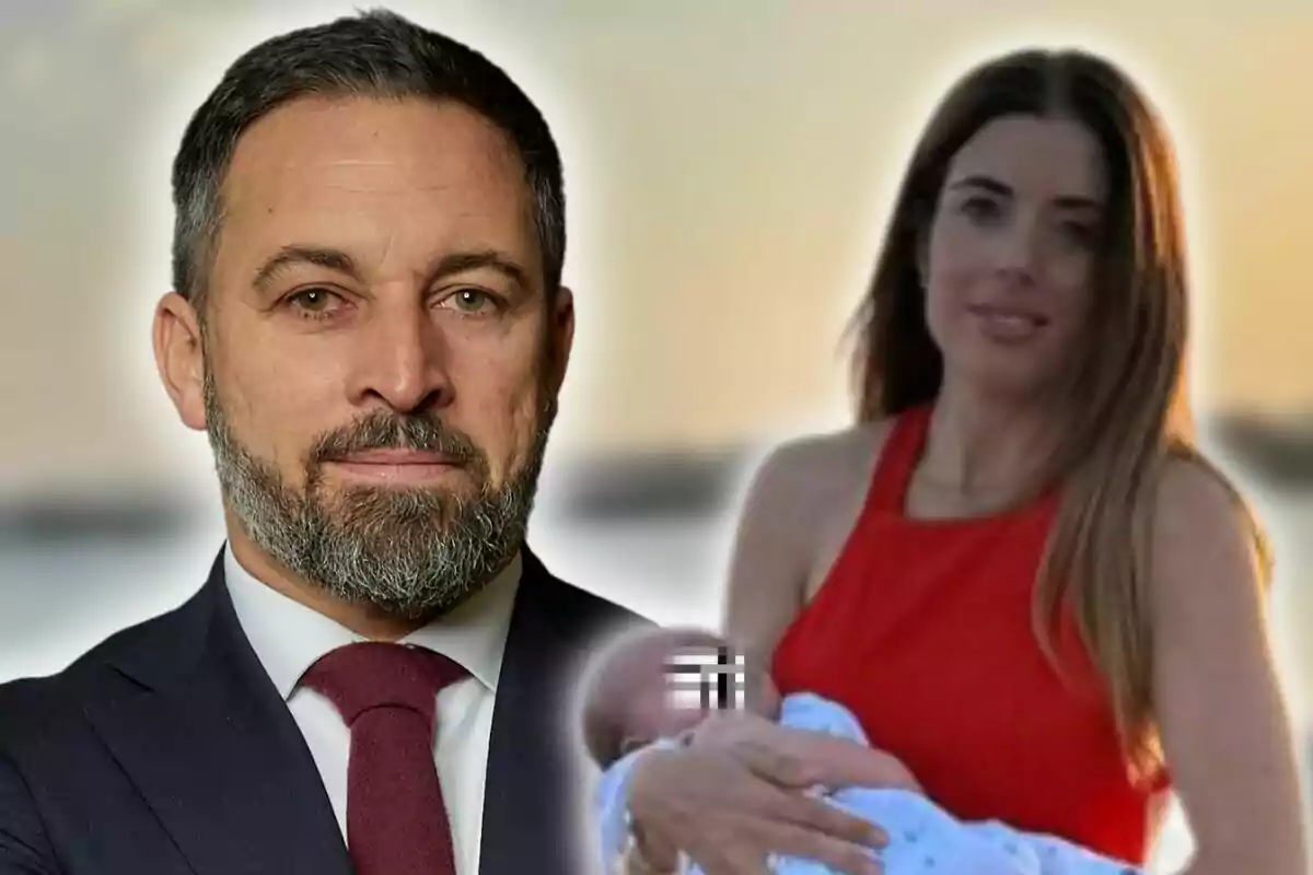 Muntatge de fotos de primer pla de Santiago Abascal amb barba i vestit al costat de Lídia Bedman amb vestit vermell que sosté un nadó.