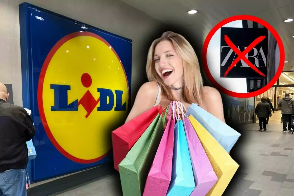 Una dona somrient sosté bosses de compres de colors davant d'un cartell de Lidl, mentre un símbol de prohibició apareix sobre un rètol d'una altra botiga.