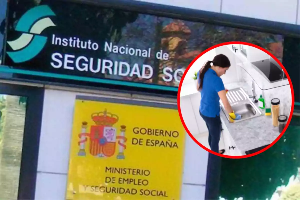 Un rètol de l?Institut Nacional de Seguretat Social d?Espanya amb un requadre que mostra una persona netejant una cuina.