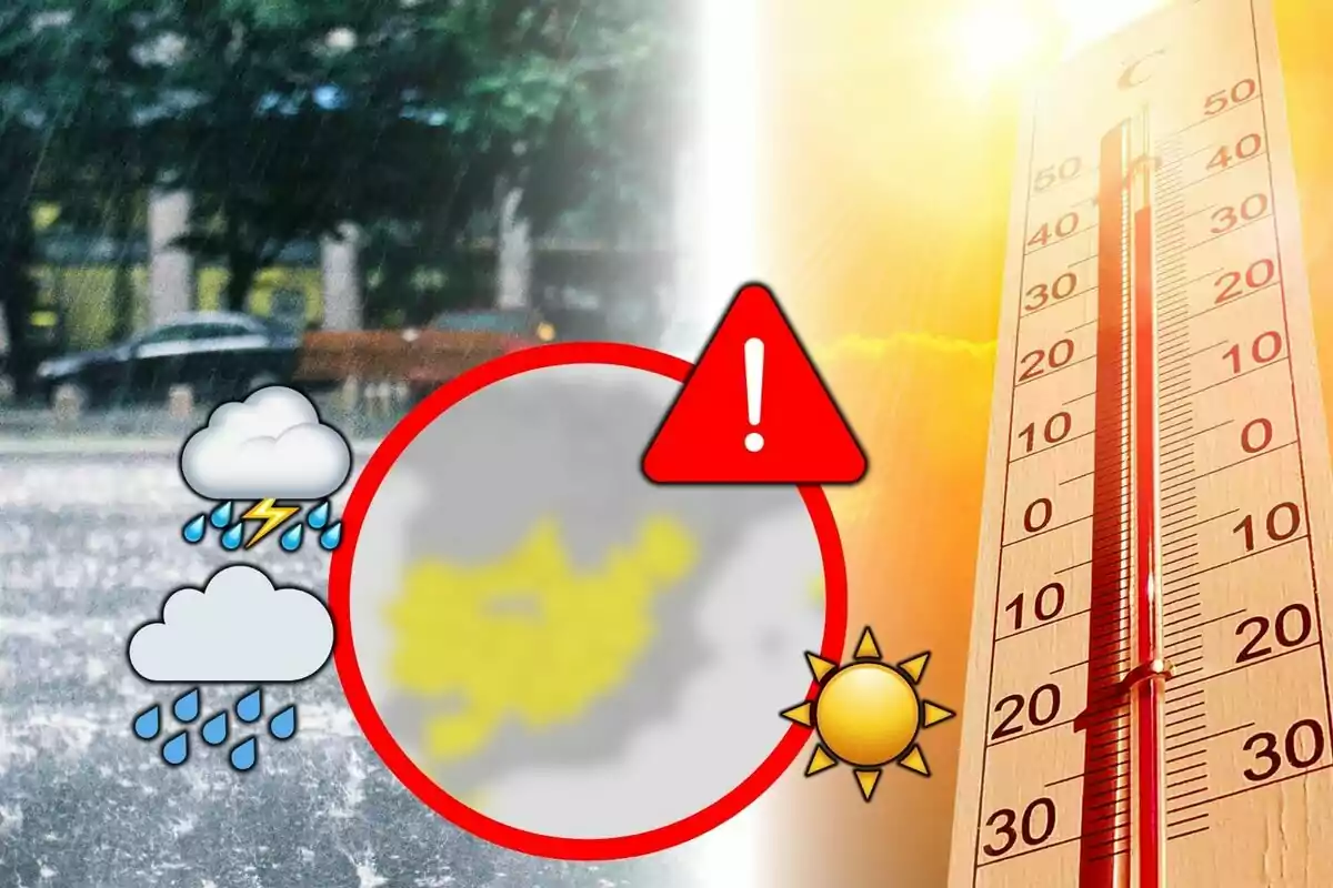 Imatge dividida en dues meitats que mostra pluja intensa i tempesta a l'esquerra i sol amb altes temperatures a la dreta, amb un termòmetre i un símbol d'advertència al centre.