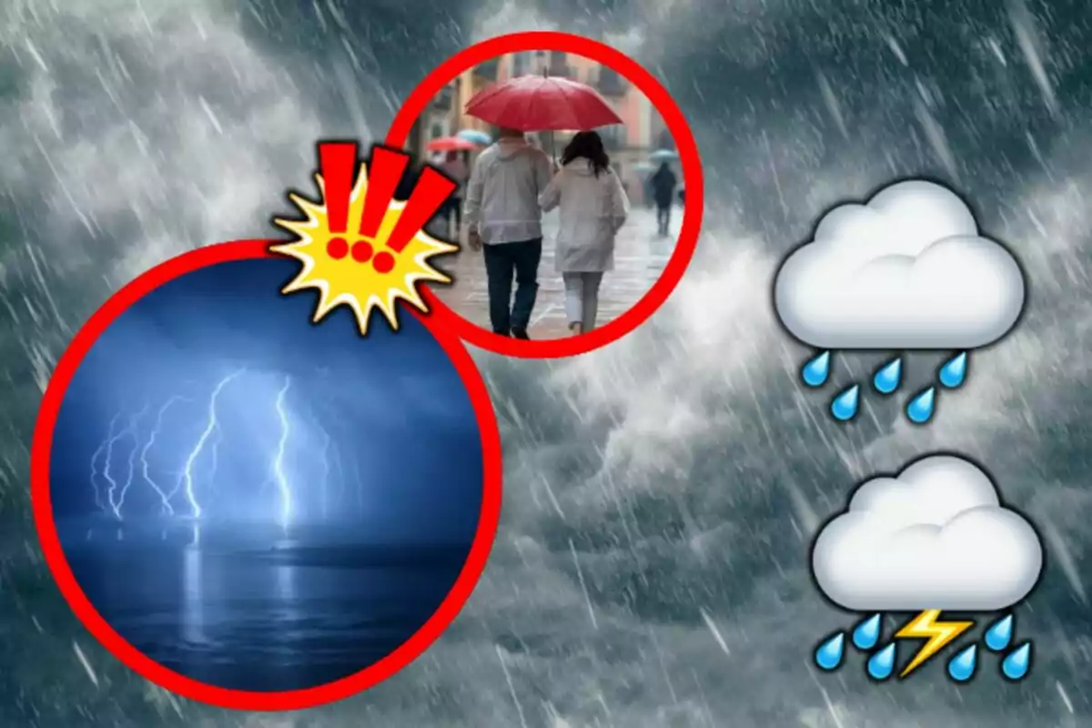 Una imatge que mostra una tempesta amb llamps i pluja intensa, dues persones caminant sota un paraigua vermell i emojis de núvols amb pluja i tempesta. Una imatge que mostra una tempesta amb llamps i pluja intensa, dues persones caminant sota un paraigua vermell i emojis de núvols amb pluja i tempesta.