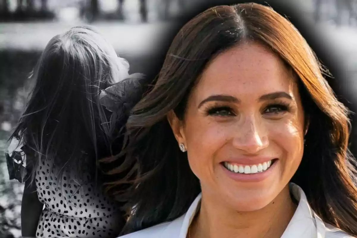 Meghan Markle in the foreground with her hair down and a blurred black-and-white background featuring a girl seen from behind