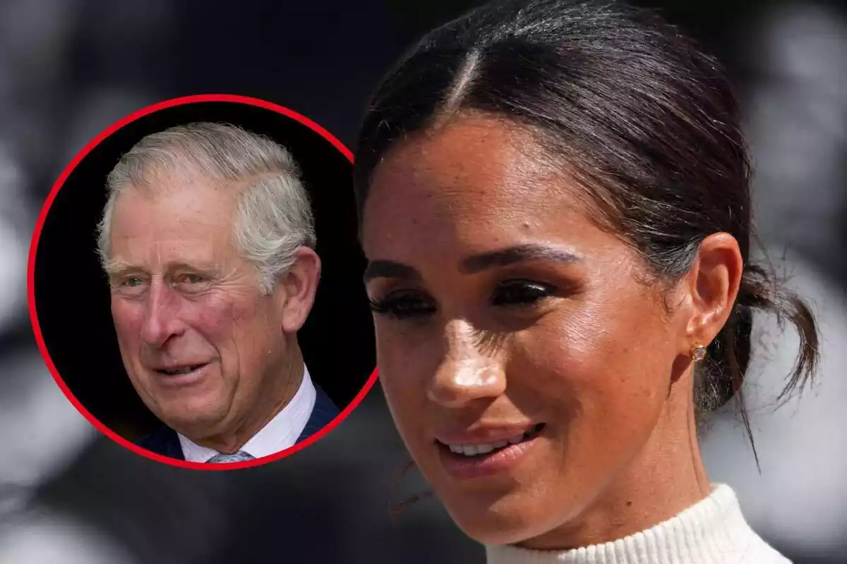 Muntatge de fotos de Meghan Markle i Carles III, tots dos en primer pla i amb rostre somrient