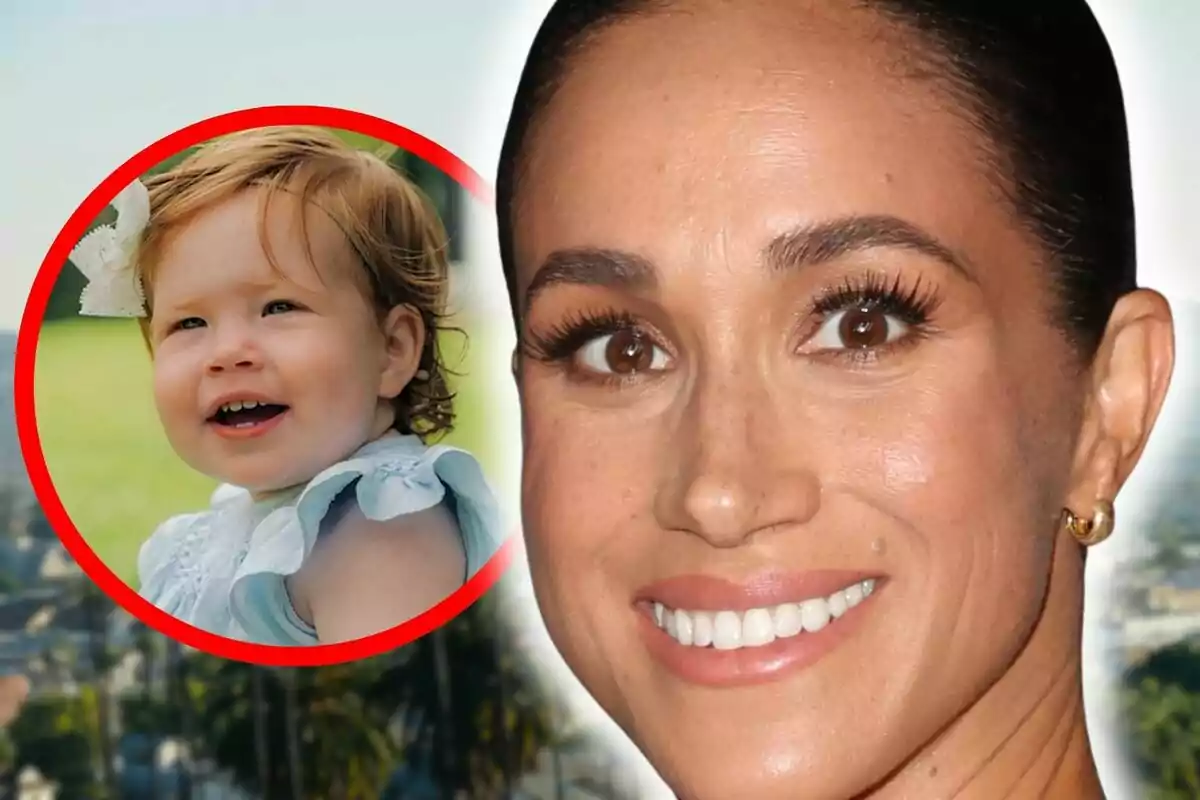 Muntatge de fotos de Meghan Markle somrient en un primer pla i, al costat, una imatge de la petita Lili.