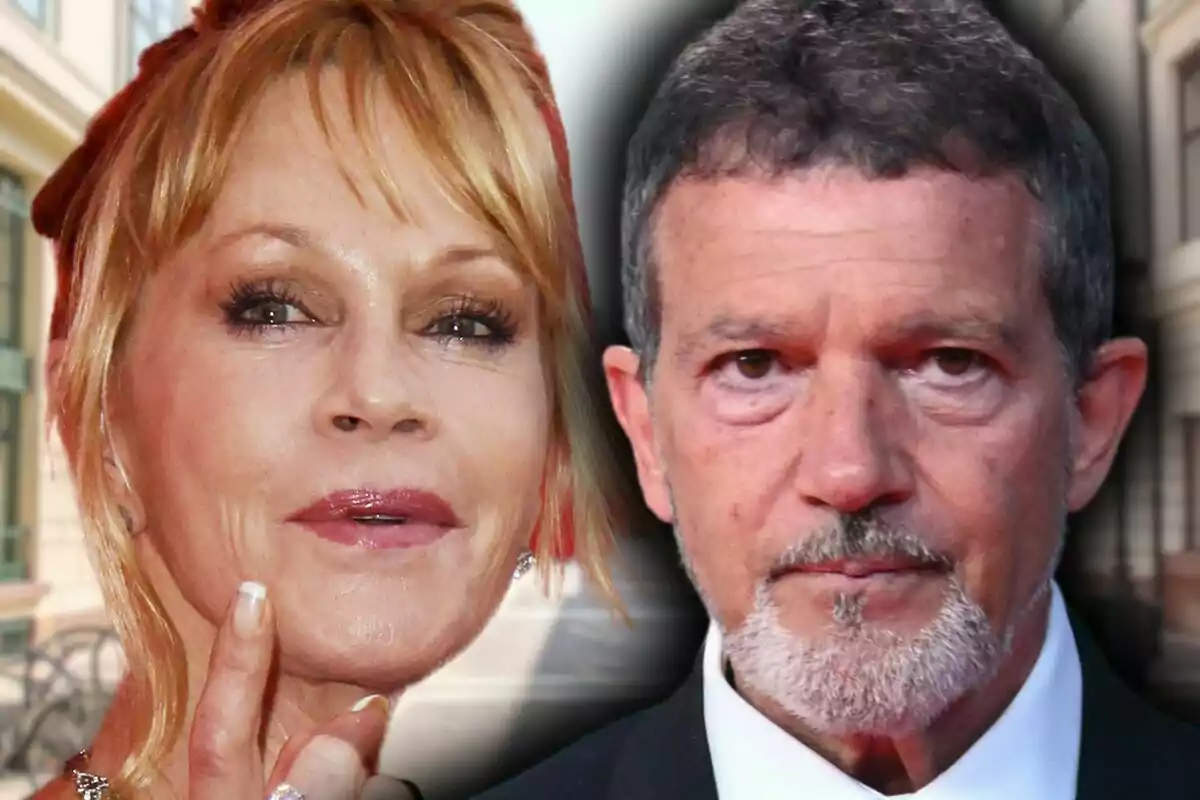 Muntatge de fotos en primer pla d’Antonio Banderas i Melanie Griffith, tots dos amb rostre neutre.