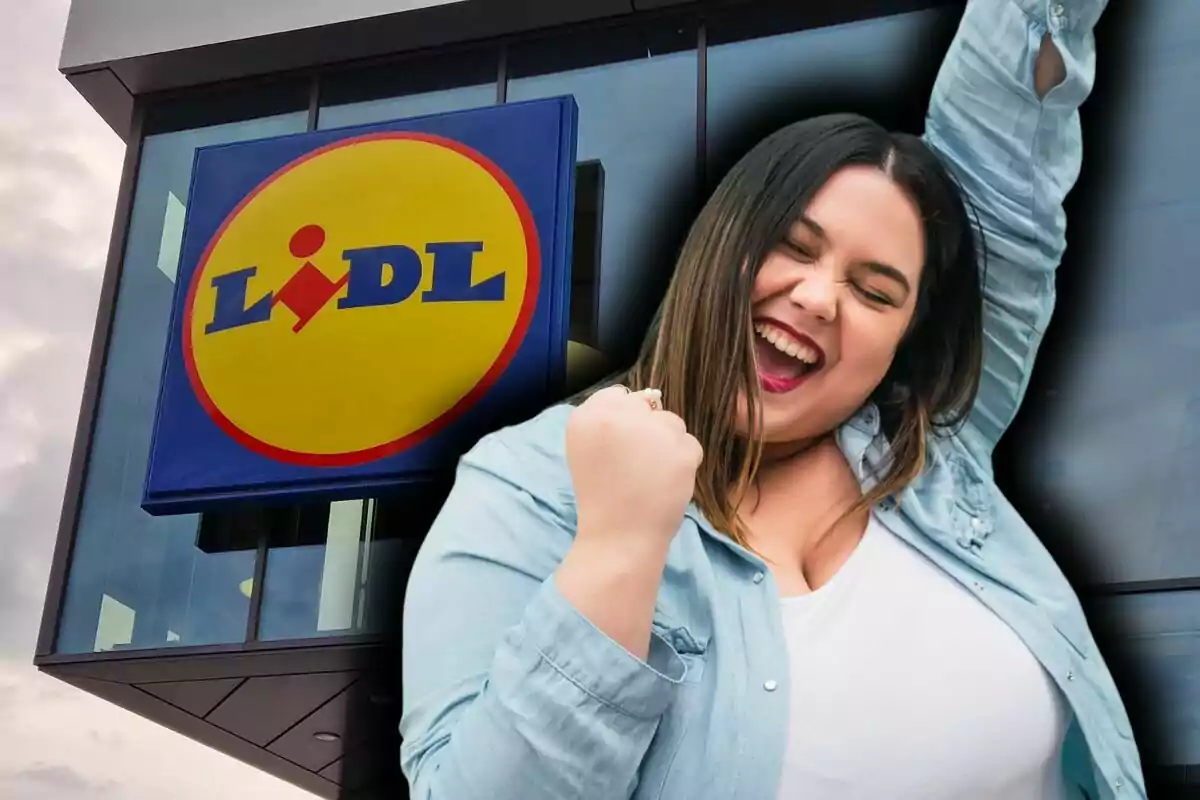 Muntatge de fotos d’una dona somrient celebrant davant d’una botiga Lidl.
