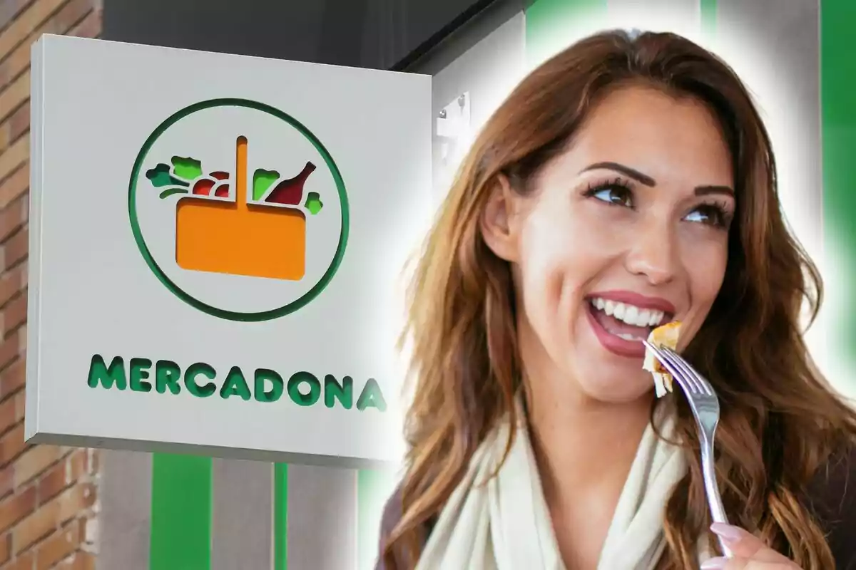 Una mujer sonriente sostiene un tenedor cerca de su boca mientras al fondo se ve el letrero de un supermercado Mercadona.