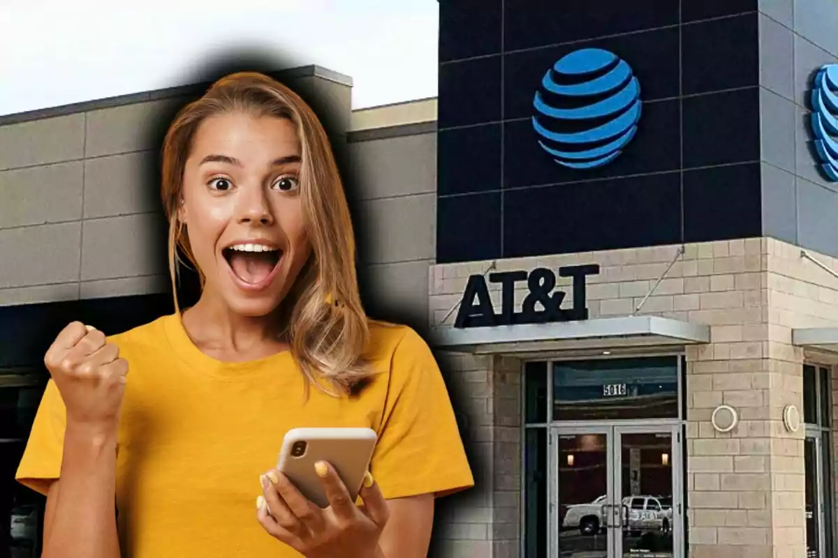 Una persona emocionada con un teléfono frente a una tienda de AT&T.