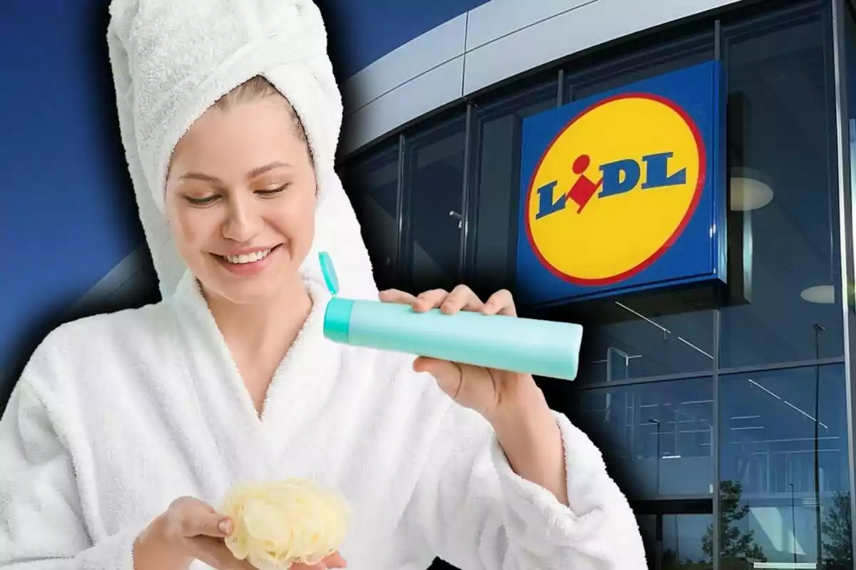 Muntatge de fotos d'una dona somrient amb una tovallola al cap i bata blanca aplicant producte de cura personal davant d'una botiga Lidl.