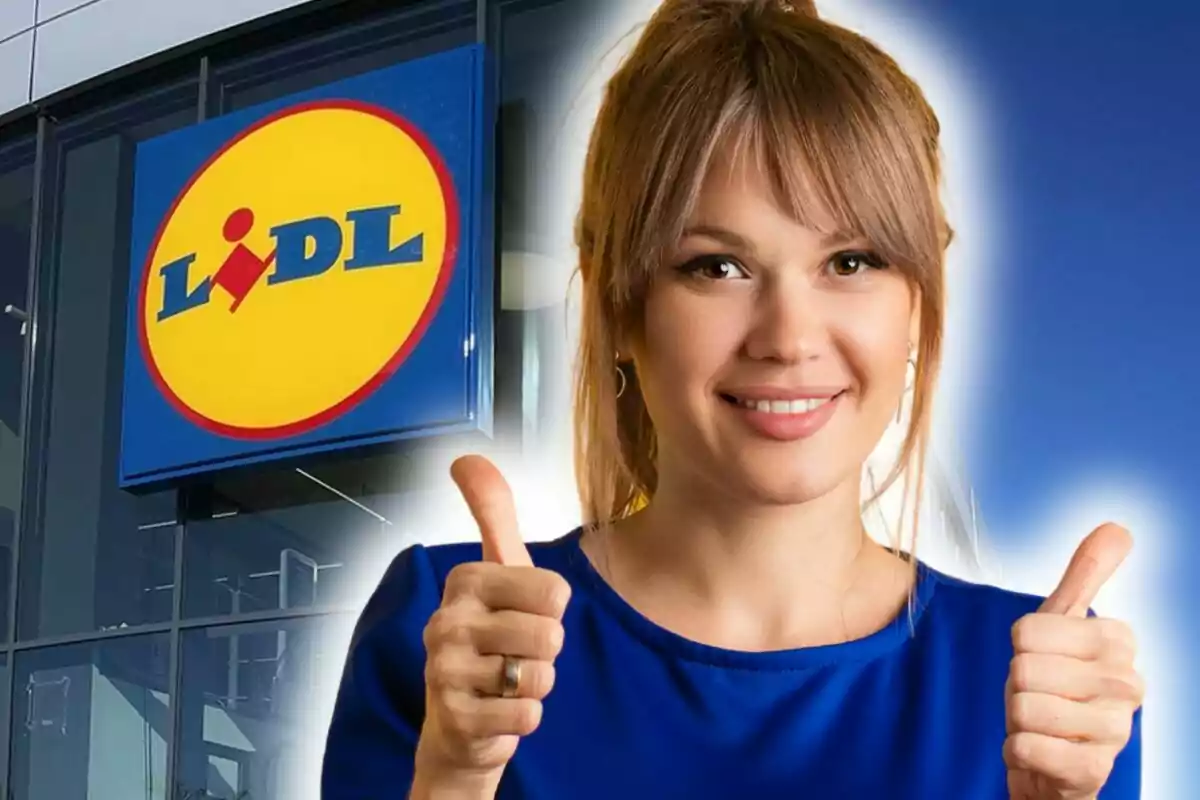 Muntatge de fotos de dona somrient amb els polzes amunt davant d’un rètol de Lidl.