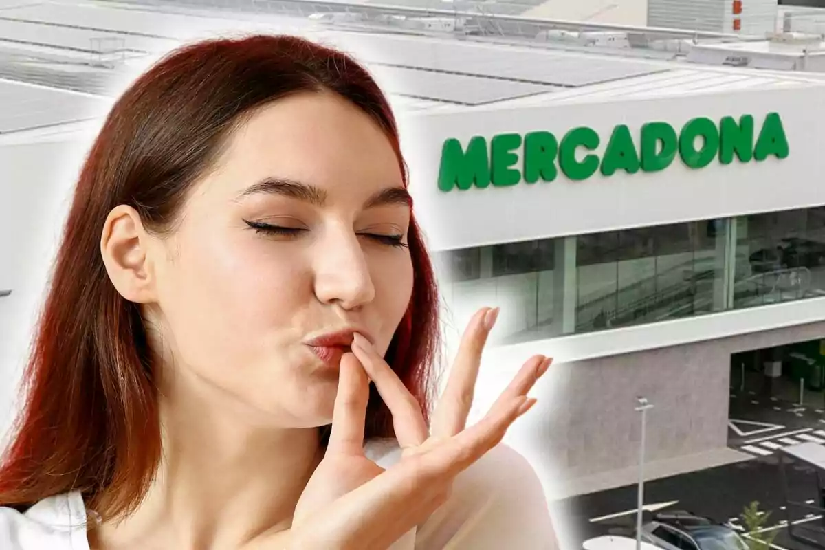 Una dona amb expressió de satisfacció està davant d'un edifici amb el logotip de Mercadona.