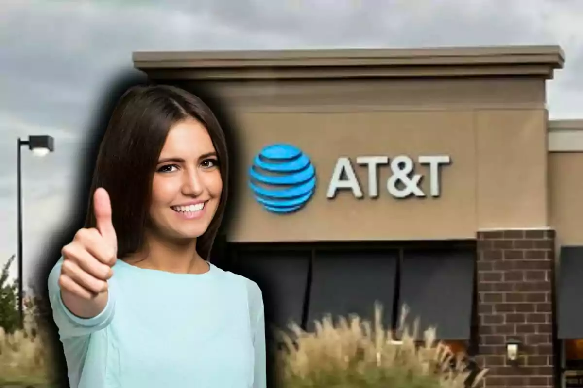 Una persona sonriente con el pulgar hacia arriba frente a un edificio de AT&T.