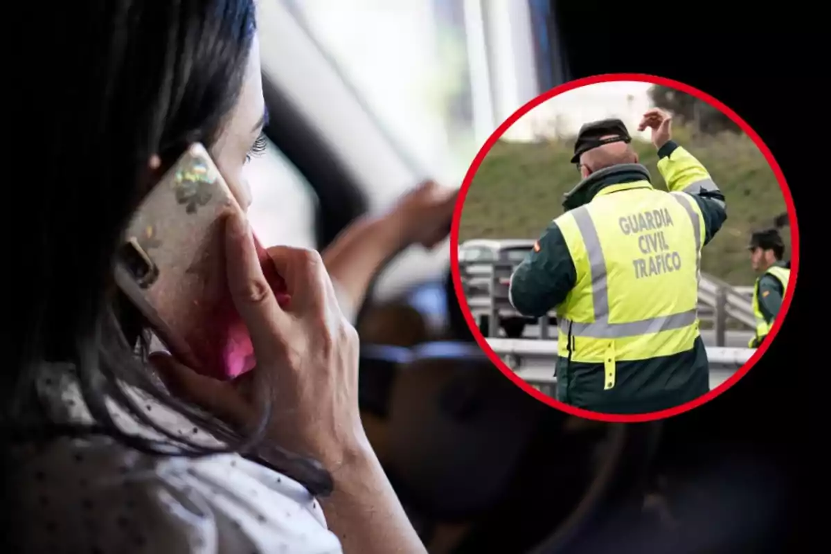 Una persona parlant per telèfon mentre condueix i un agent de la Guàrdia Civil de Trànsit en un cercle vermell.