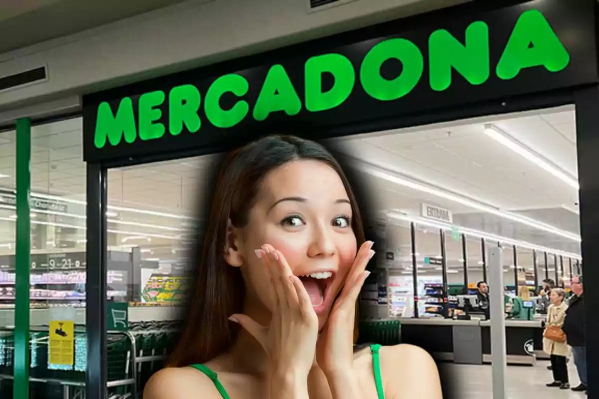 Muntatge de fotos d'una dona sorpresa davant l'entrada d'un supermercat Mercadona.