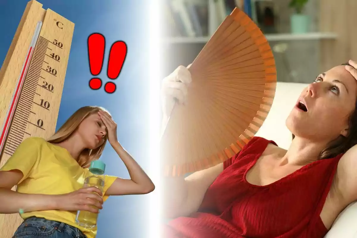 Dues dones mostren signes de malestar per la calor extrema, una sosté una ampolla d’aigua al costat d’un termòmetre alt i l’altra es ventila a l’interior. Dues dones mostren signes de malestar per la calor extrema, una sosté una ampolla d’aigua al costat d’un termòmetre alt i l’altra es ventila a l’interior.