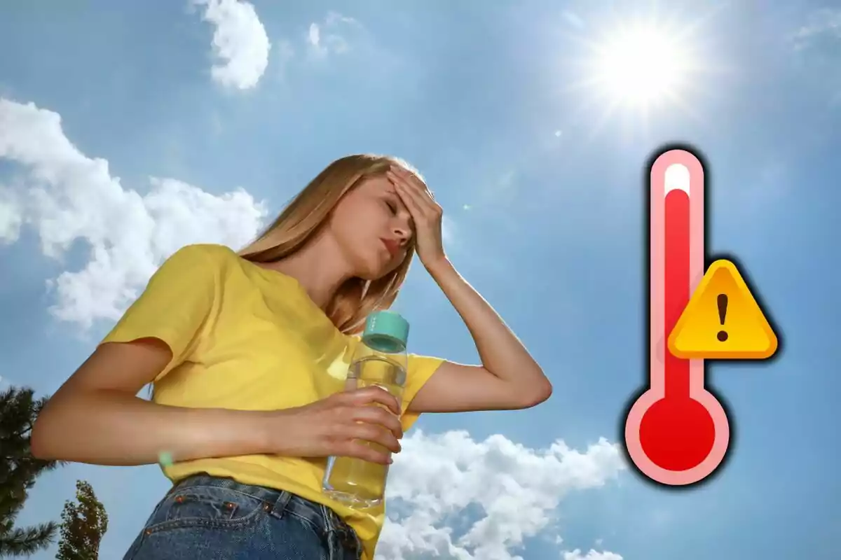 Dona amb samarreta groga sostenint una ampolla d’aigua sota un sol fort amb gest de malestar i un termòmetre amb advertència de calor extrema.