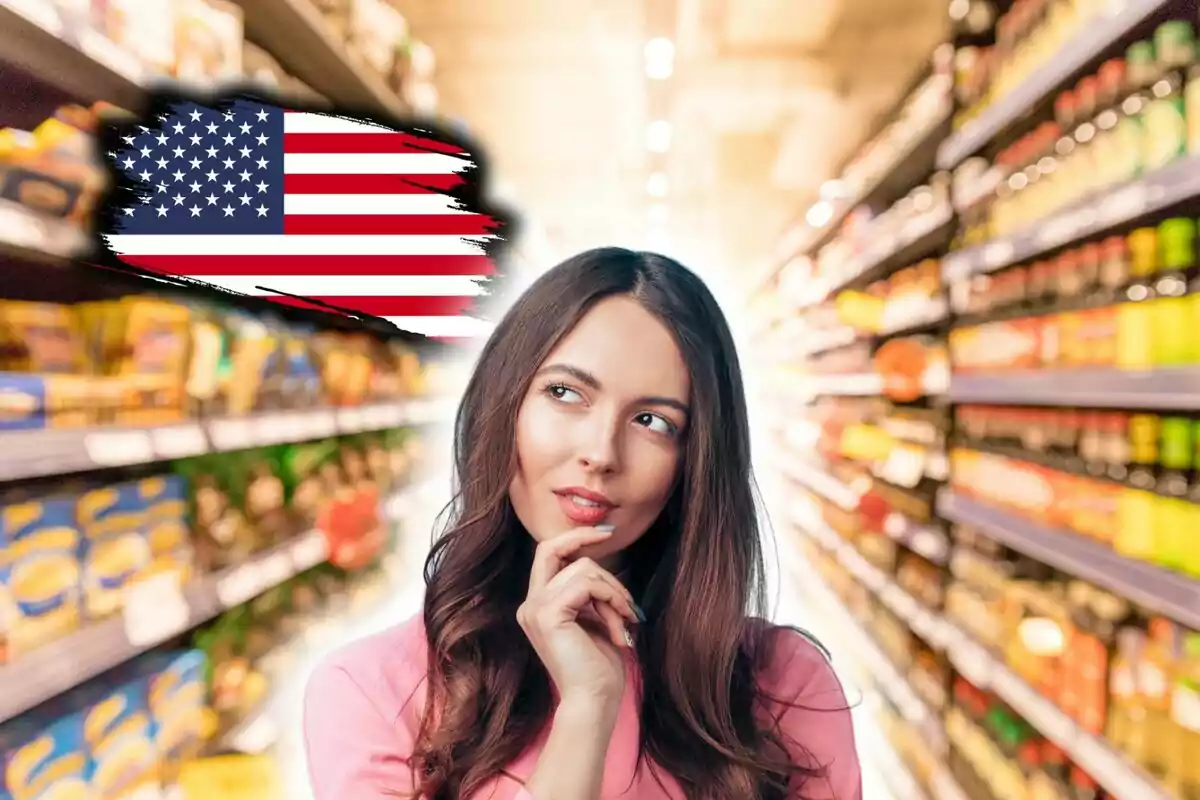 Thoughtful woman in a supermarket aisle with a United States flag in the background.