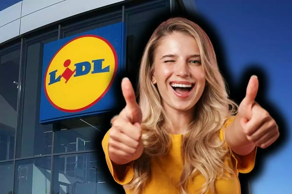A smiling woman with thumbs up in front of a Lidl sign.