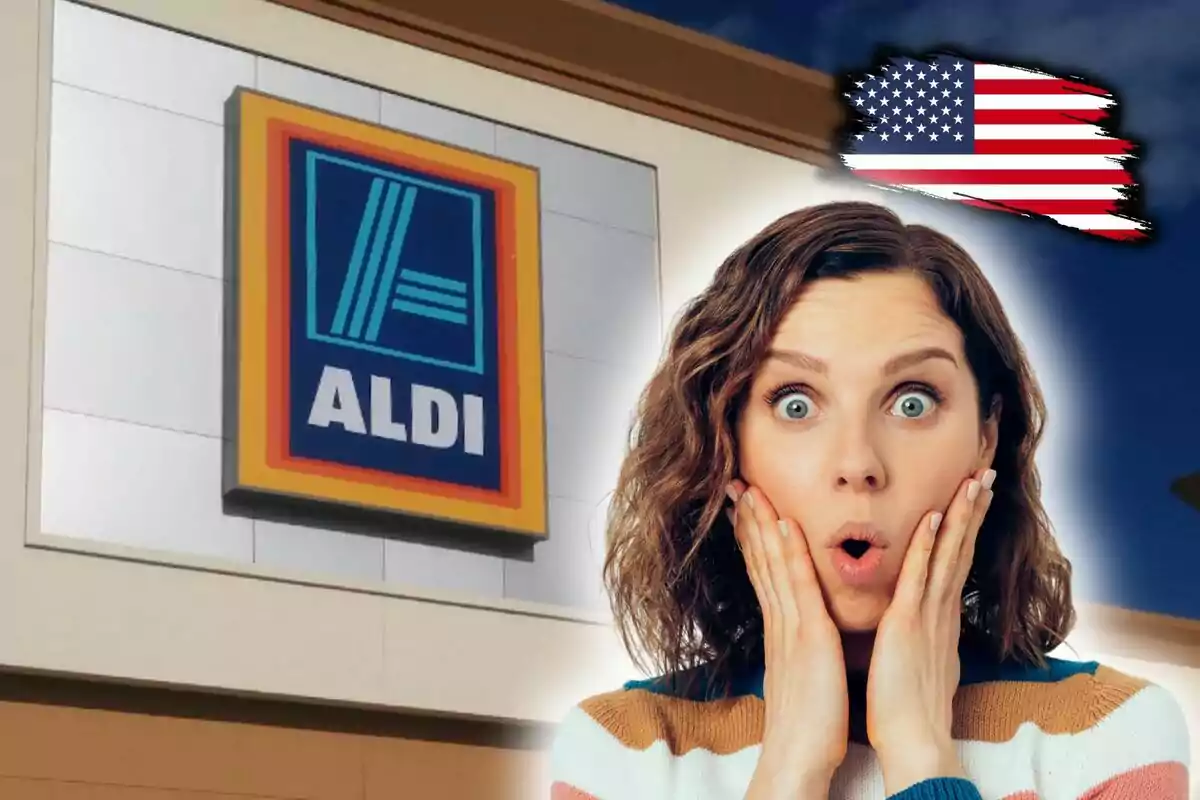 Photo montage of a surprised woman in front of an Aldi store with a United States flag in the top right corner.