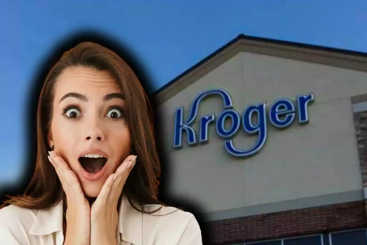 A woman with a surprised expression in front of a building with the Kroger logo.