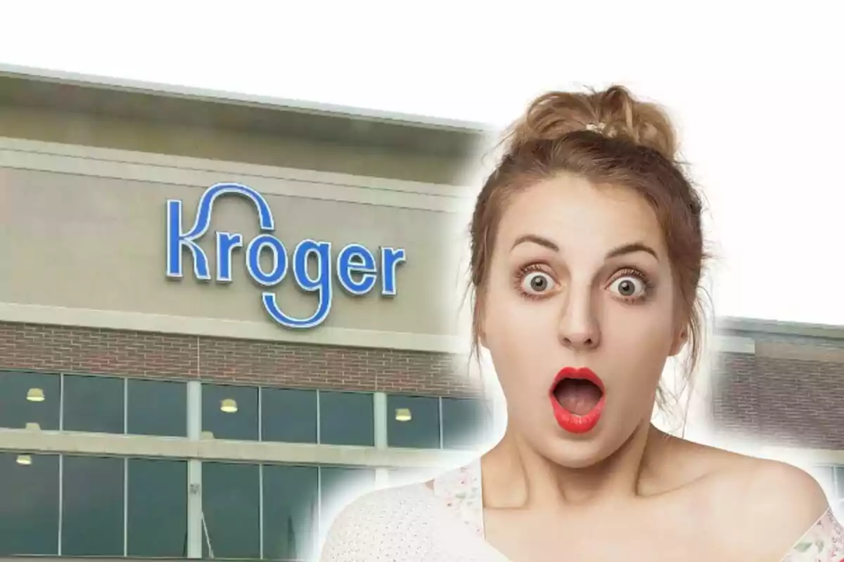 Photo montage of a woman with a surprised expression in front of a Kroger store.