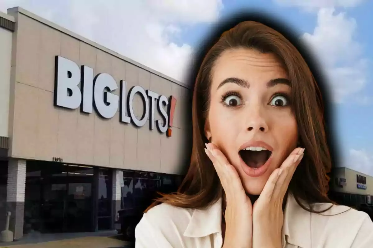 Woman with a surprised expression in front of a Big Lots store.