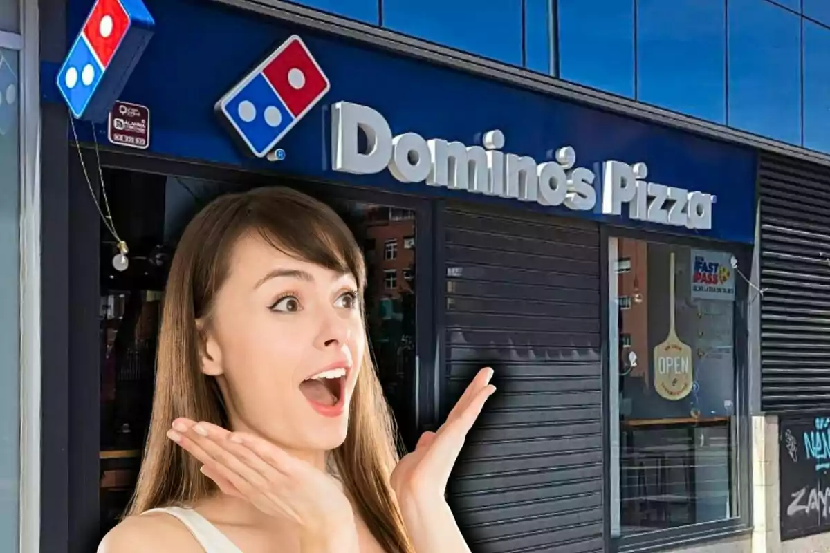 Photo montage of a surprised woman in front of a Domino's Pizza location.