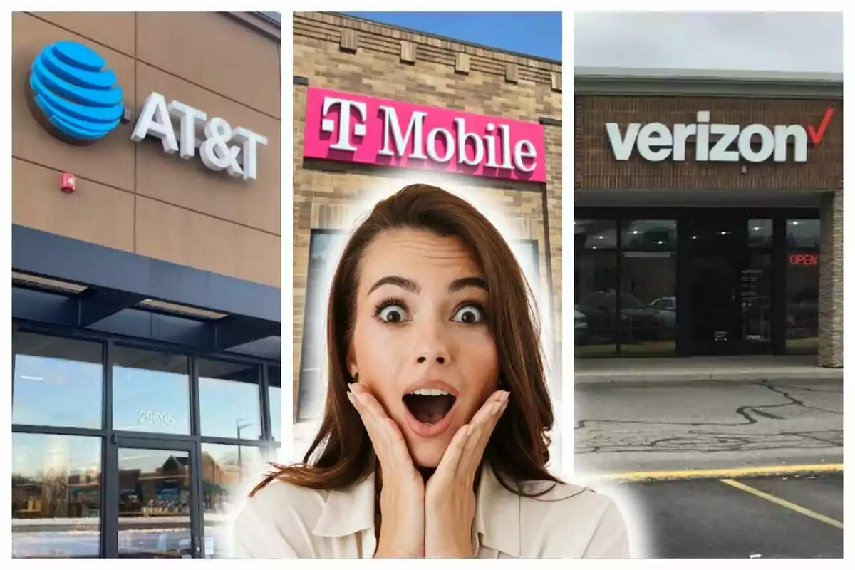 Una mujer con expresión de sorpresa frente a las tiendas de AT&T, T-Mobile y Verizon.