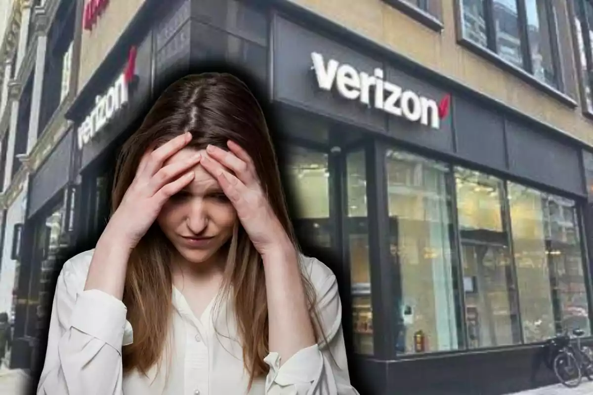 A woman with a worried expression stands in front of a Verizon store.