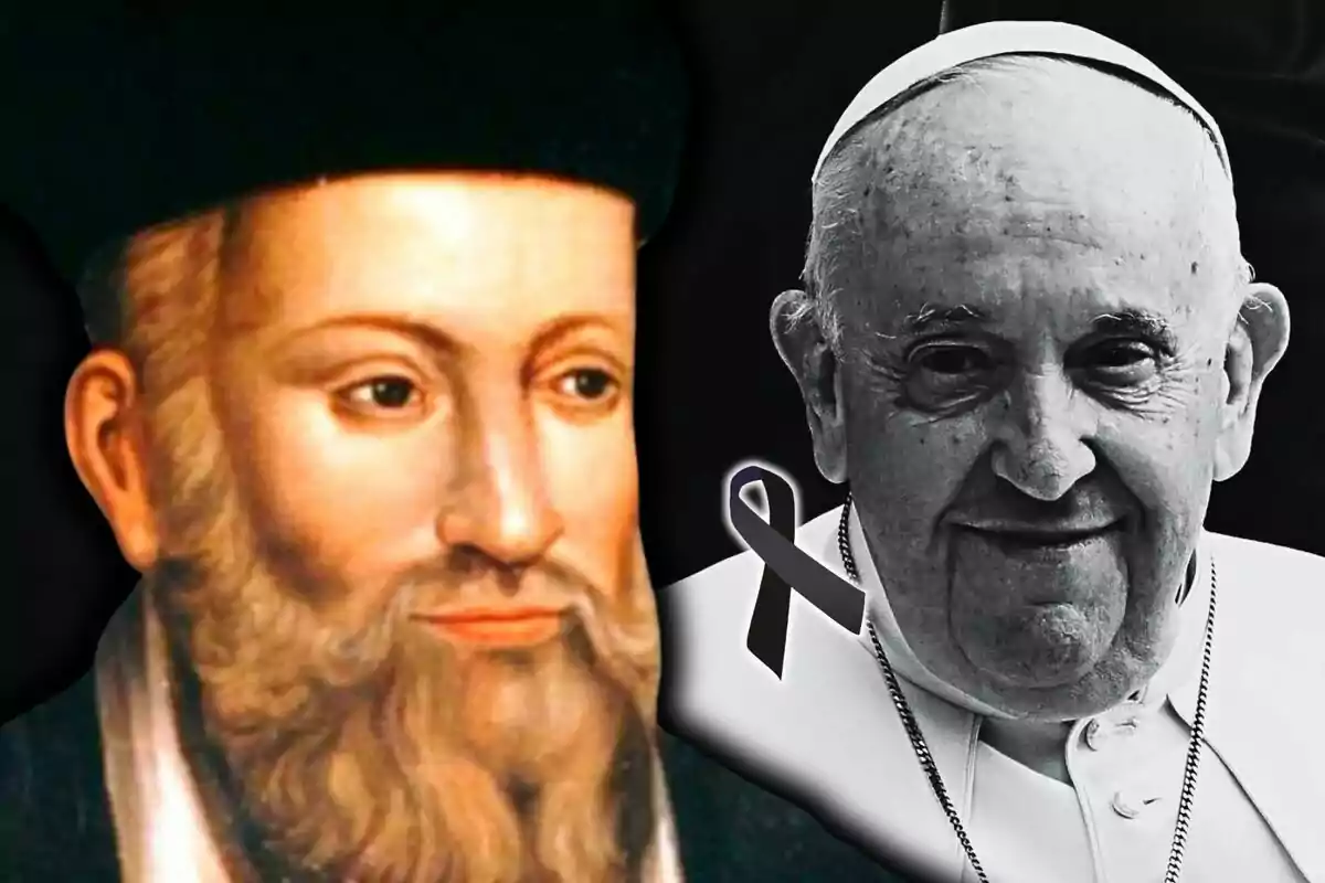 Un retrat de Nostradamus al costat d'una fotografia en blanc i negre del Papa Francesc amb vestimenta religiosa i un llaç negre superposat.