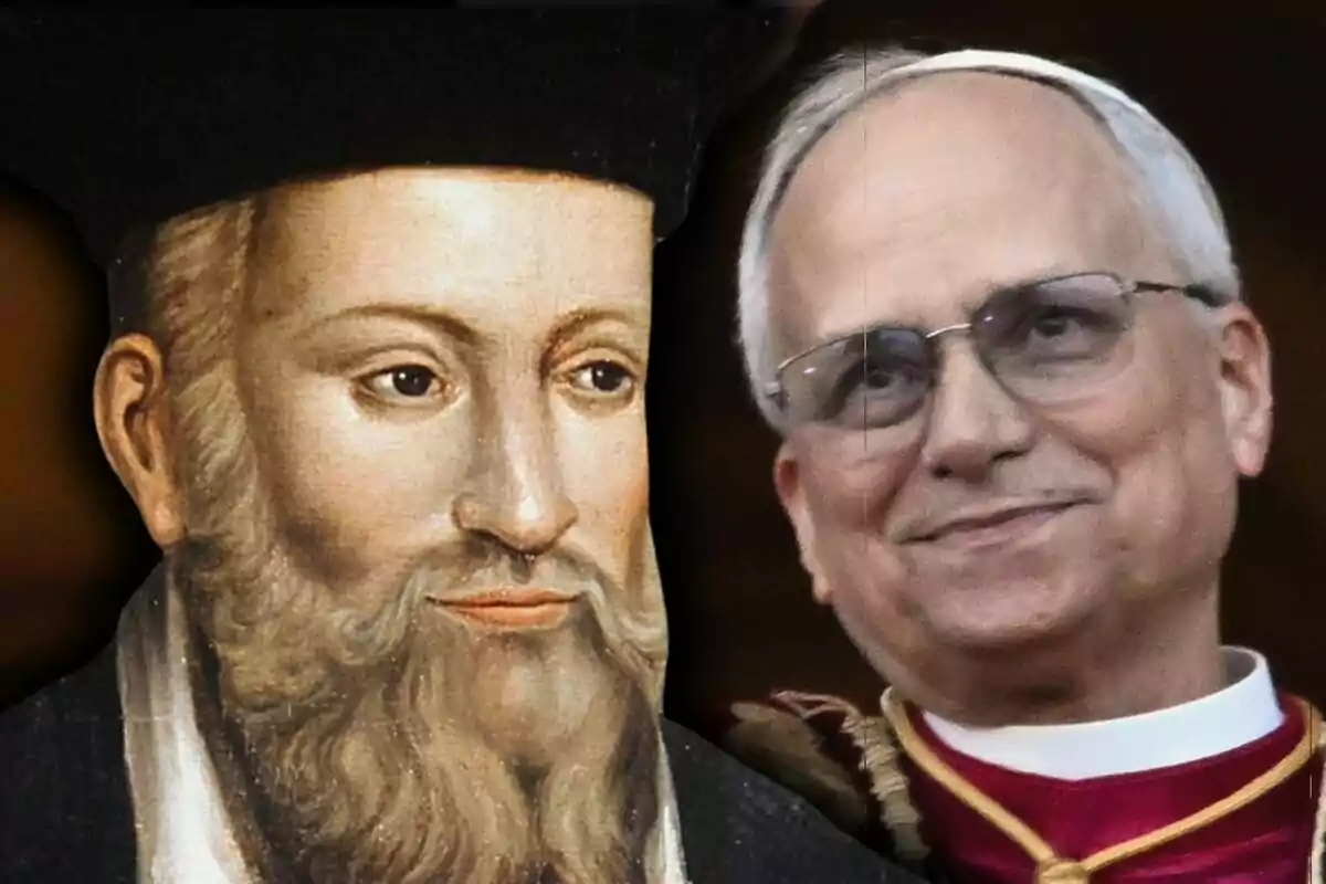 Muntatge de fotos de primer pla de Nostradamus i el Papa Lleó XIV amb vestimenta religiosa.