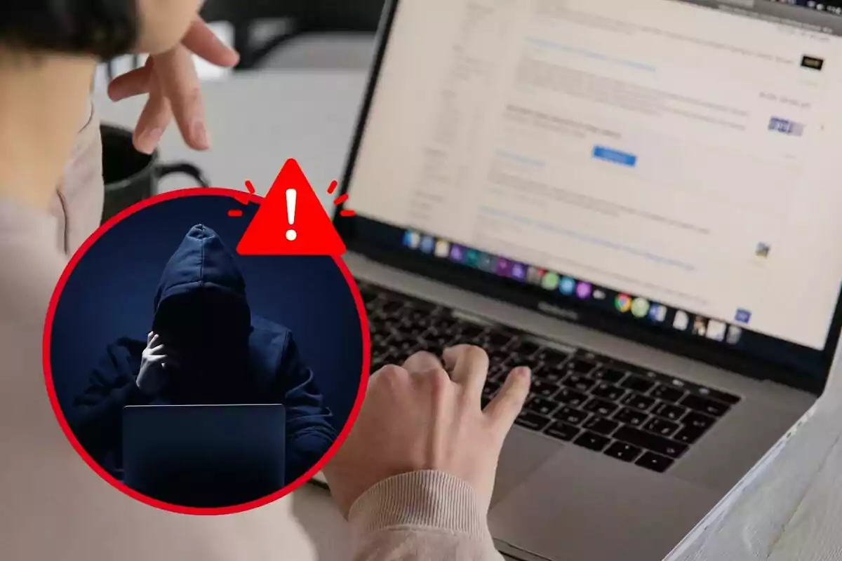 Una persona usant un ordinador portàtil amb una imatge superposada dun hacker encaputxat i una icona dadvertència.