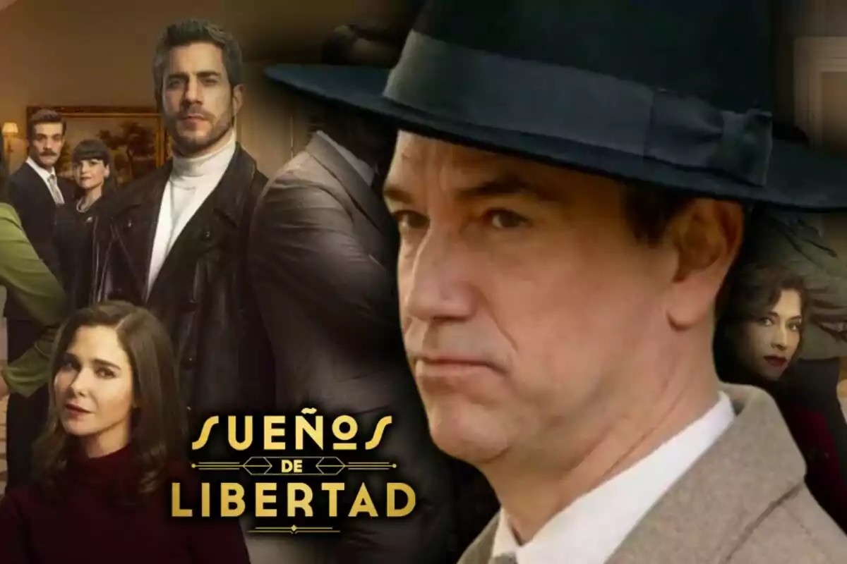 Muntatge de fotos en primer pla d’Oriol Tarrasón amb rostre seriós i, de fons, una imatge del cartell de la sèrie 'Sueños de Libertad'.