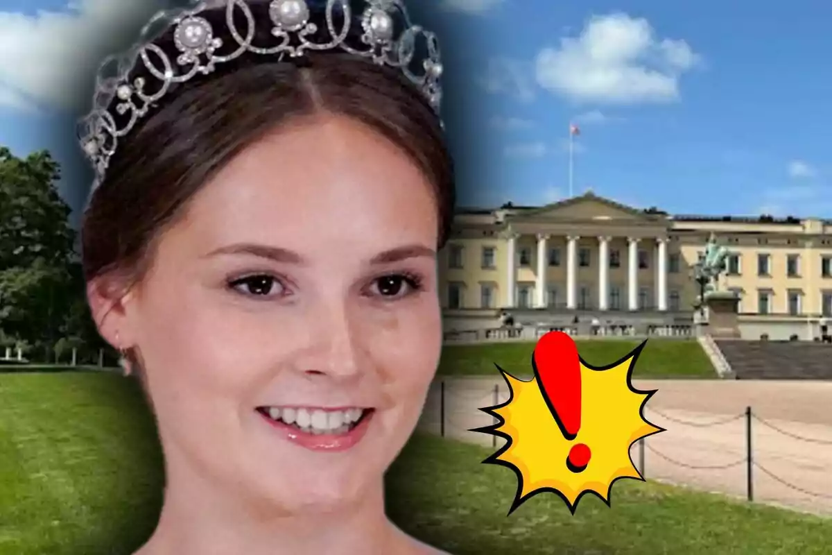 Muntatge de fotos de la princesa Ingrid Alexandra de Noruega somrient davant del palau reial d’Oslo, al costat d’un gràfic de signe d’exclamació vermell sobre fons groc