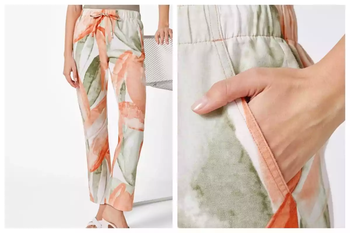 Muntatge de fotos d'uns pantalons amb estampat floral en tons taronges i verds de Lidl, amb cintura elàstica i llaç decoratiu, detall de butxaca lateral. Muntatge de fotos d'uns pantalons amb estampat floral en tons taronges i verds de Lidl, amb cintura elàstica i llaç decoratiu, detall de butxaca lateral.