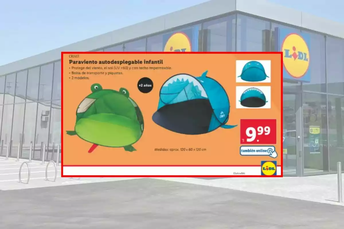 Publicitat de Lidl mostrant dos models de paravent autodesplegable infantil amb forma de granota i de tauró, preu de 9,99 euros i opció de compra en línia. Publicitat de Lidl mostrant dos models de paravent autodesplegable infantil amb forma de granota i de tauró, preu de 9,99 euros i opció de compra en línia.