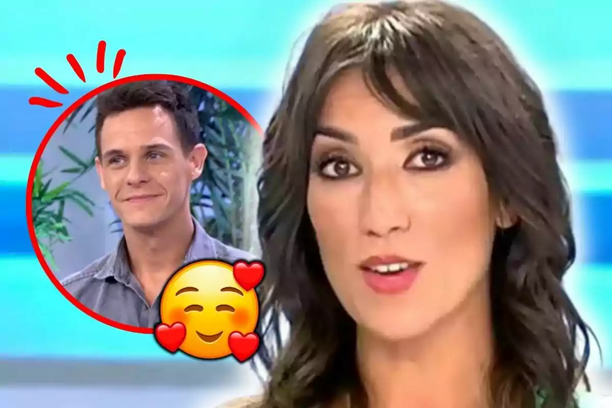 Patricia Pardo en primer pla parlant a la televisió amb la imatge de Christian Gálvez somrient en un cercle vermell i un emoji de cara somrient amb cors.