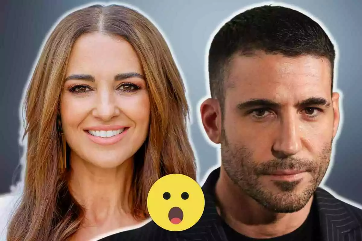 Paula Echevarría i Miguel Ángel Silvestre amb un emoji sorprès al centre sobre un fons degradat.